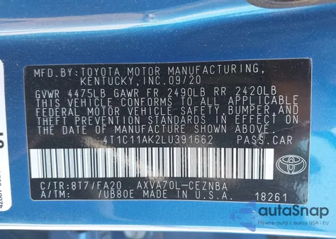 2020 Toyota Camry Le z USA, uszkodzony, nr VIN 4T1C11AK2LU391662